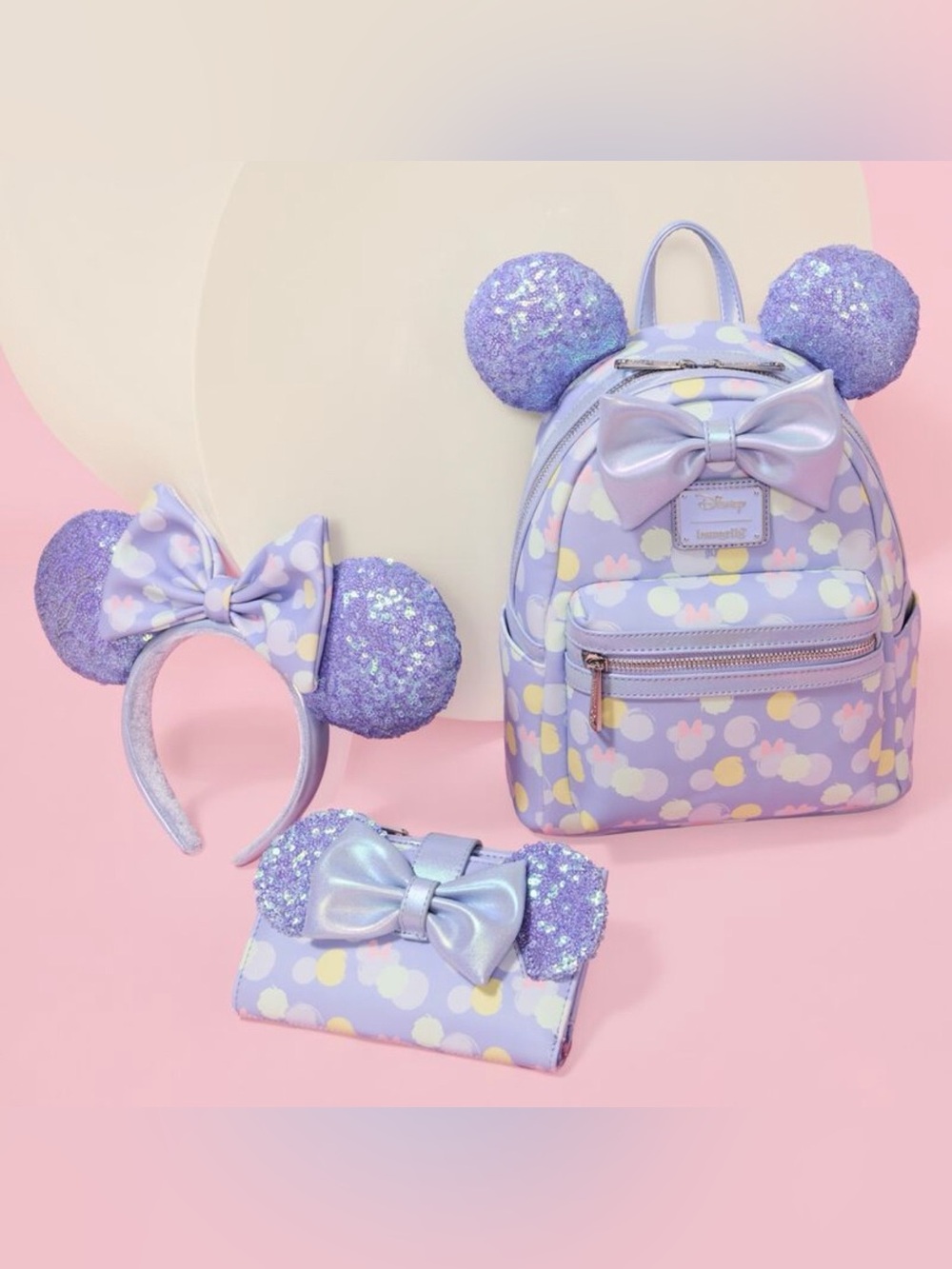 Loungefly Pastel Lavender Minnie Ear Backpack Set with Glitter Accents
